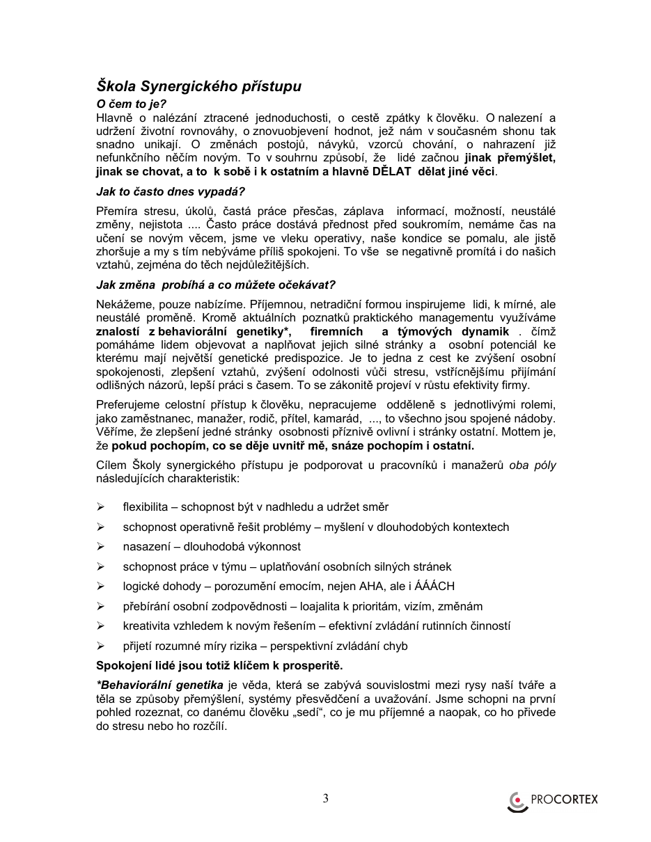 Stránka nabídky popisující Školu synergického přístupu